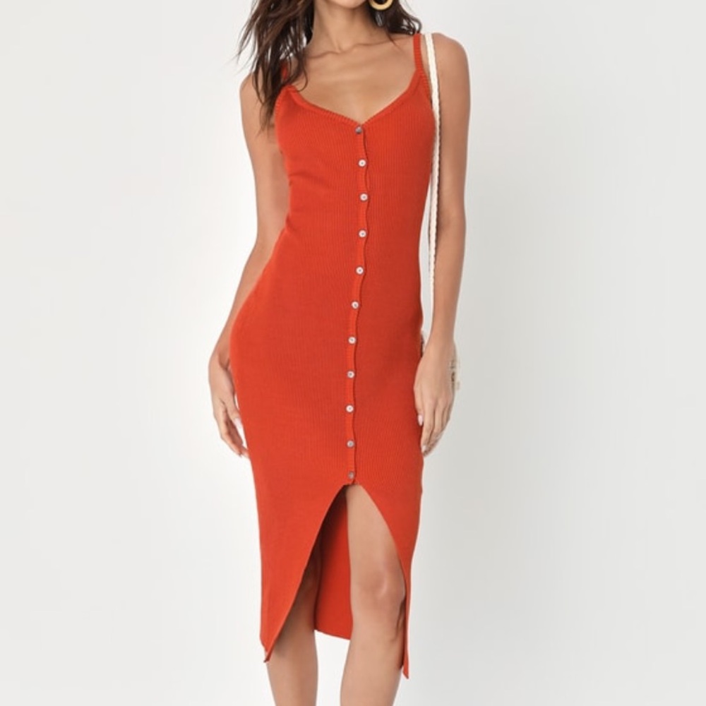Blessed Vibed Rust Orange Ribbed Knit Button Front Midi Dress